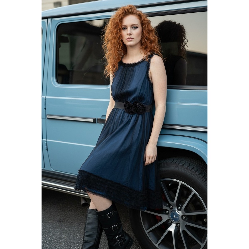 Moulinette Soeurs Anthropologie Blue Black Mesh Ruffle Dress S Alternative Prom